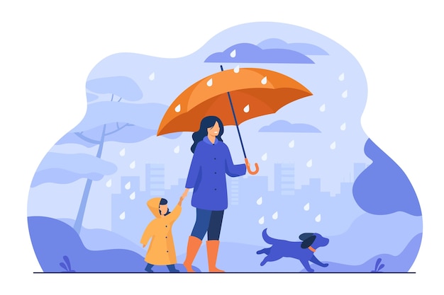 Woman with umbrella, girl in raincoat and dog walking in rain in city park. vector illustration for family activity, bad weather, downpour concept