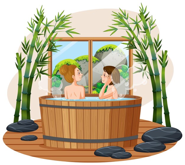 Woman in wooden hot tub spa