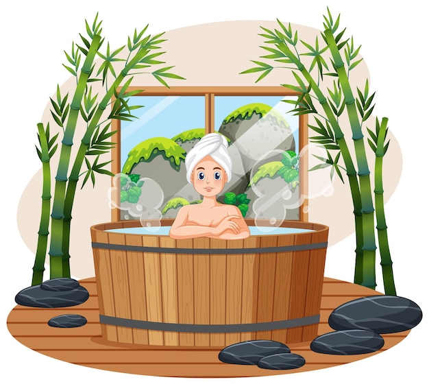 Vettore gratuito donna nella spa in legno con vasca idromassaggio