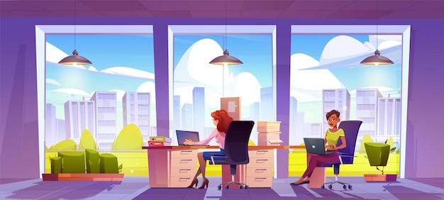 Woman work inside office room with window vector employee character sitting near desk with laptop cartoon background female manager working in openspace with glass wall plant and paper documents