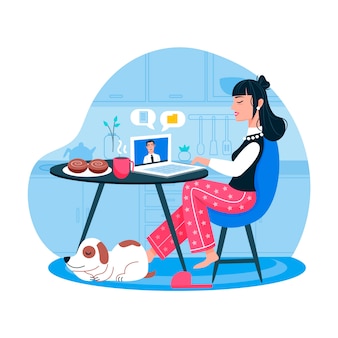 Woman working from home and dog