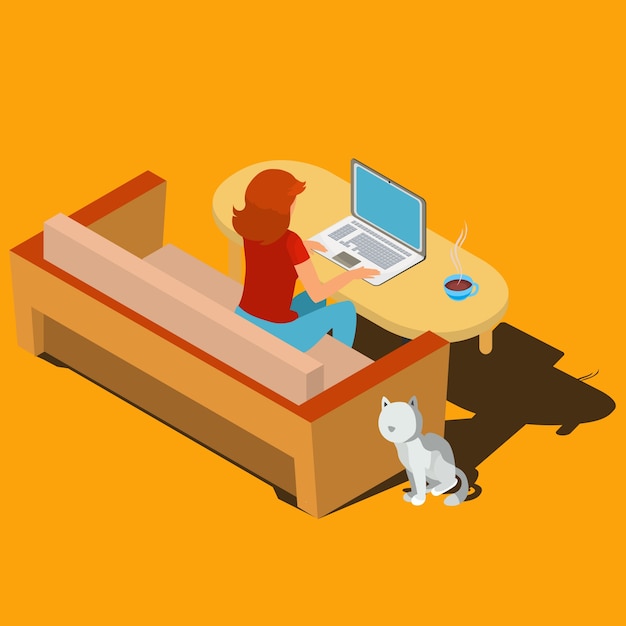 Woman working on laptop at desk isometric vector