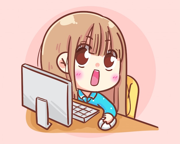 コンピューターオフィスかわいい女の子漫画アートイラストで働く女性 プレミアムベクター