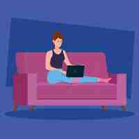 Free vector woman working in telecommuting with laptop in couch