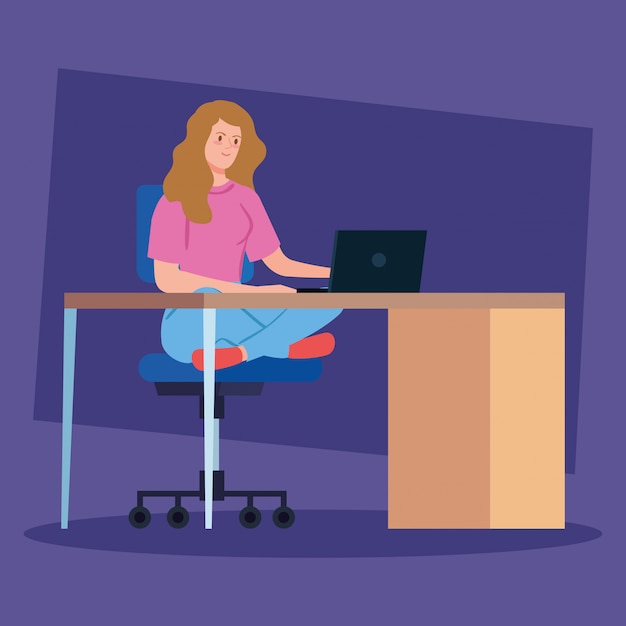Woman working telecommuting with laptop in desk