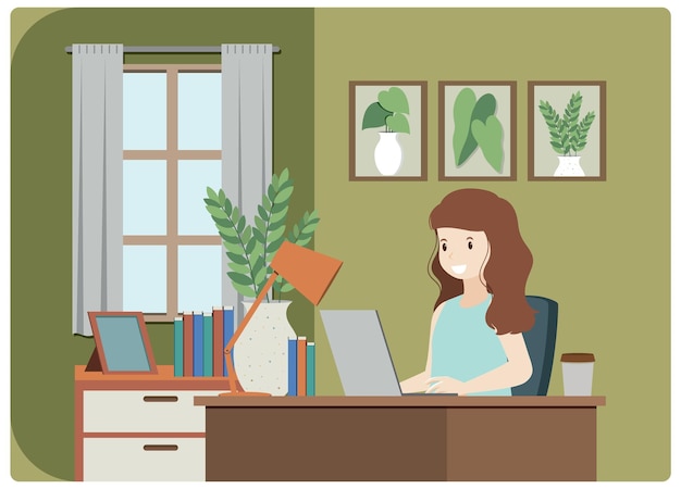 Free vector a woman working using laptop flat design at home