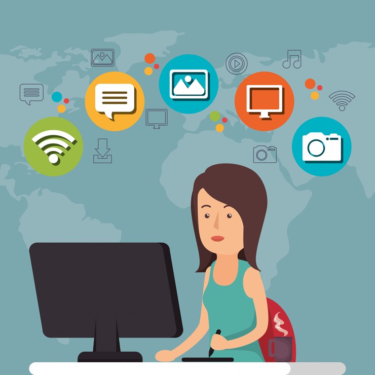 मुफ़्त वेक्टर woman working with social media icon