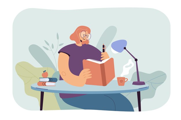 Woman writing in notebook. Female student reading book and taking notes. Cartoon illustration