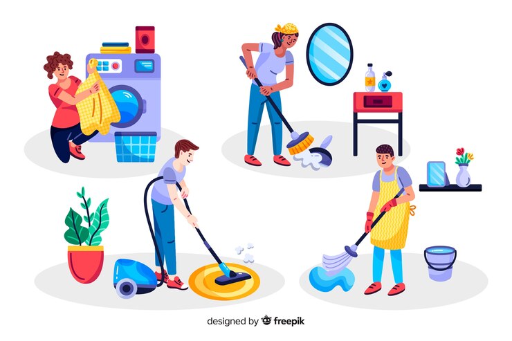 Free Vector women and children doing housework
