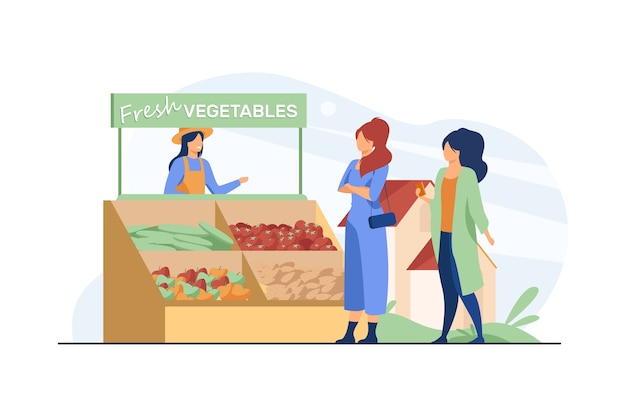 Women choosing fresh vegetables from farm. Farmer, eco, meal flat vector illustration. Healthy food and nutrition