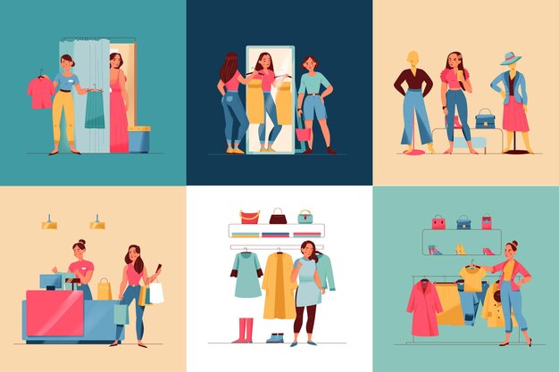 Women in clothing store square  flat isolated illustration