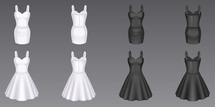 Free Vector women cocktail and sheath dresses in front and back view vector realistic 3d mockup of black and white girls evening gown with short skirt and sweetheart neckline isolated on background