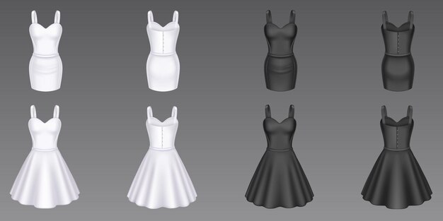 Women cocktail and sheath dresses in front and back view Vector realistic 3d mockup of black and white girls evening gown with short skirt and sweetheart neckline isolated on background