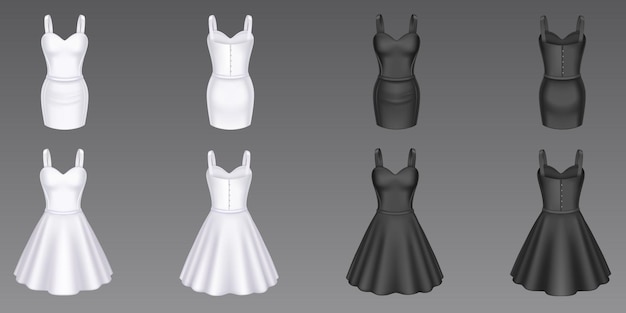 女性のカクテルとシースドレスの正面図と背面図ベクトルの背景に分離された短いスカートと恋人のネックラインを持つ黒と白の女の子のイブニングドレスのリアルな3dモックアップ