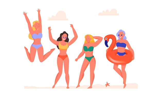Women dancing in swimsuits on beach flat illustration