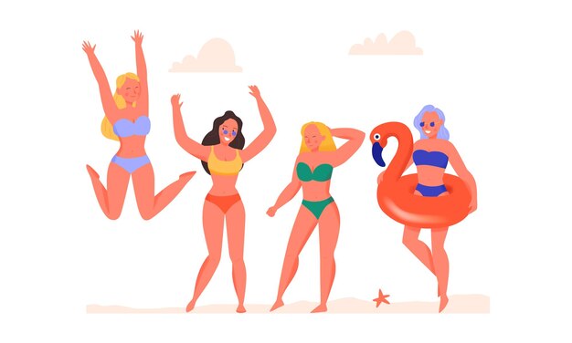 Женщины танцуют в купальниках на плоской иллюстрации пляжа