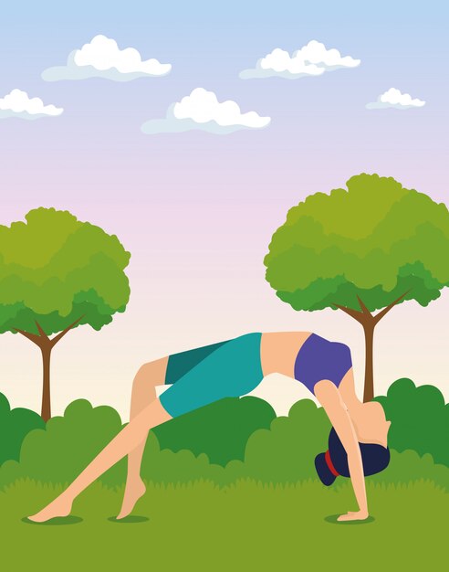 Women doing exercise with trees and bushes