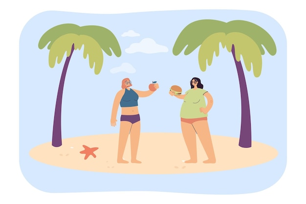 Free vector women eating apple and hamburger on beach. fit girl with healthy food, her fat friend with fast food flat vector illustration. healthy lifestyle concept for banner, website design or landing web page