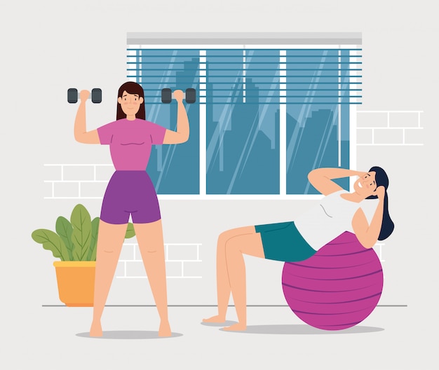 Women exercising in the house scene vector illustration design