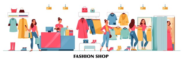 Women fashion shop concept with dressing rooms flat illustration