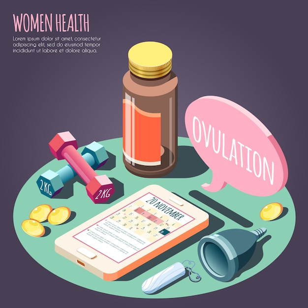 Women health isometric design concept with items on ovulation and pregnancy theme vector illustration