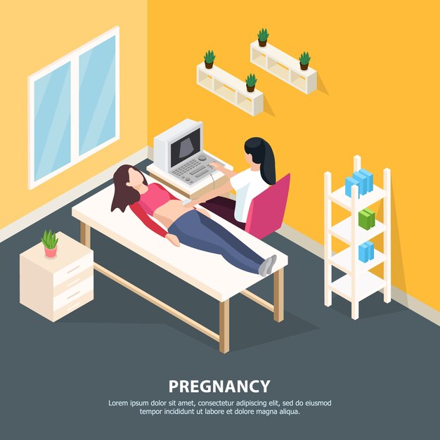 Women health isometric illustration with indoor composition in doctors surgery room human characters and editable text