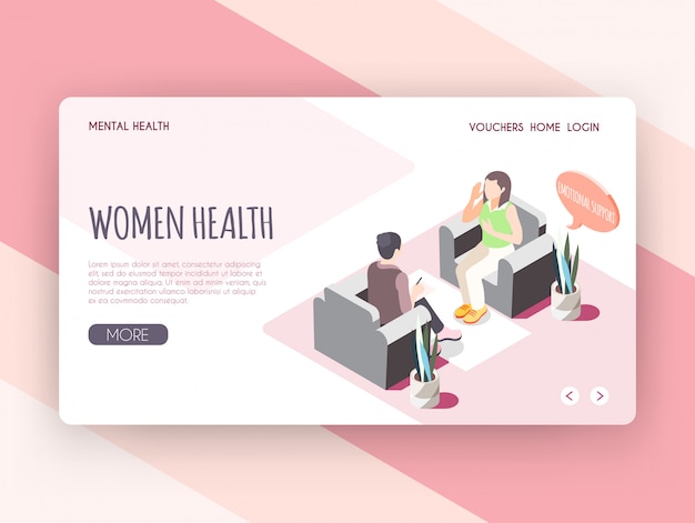 Free vector women health isometric landing page with young woman receiving emotional support  at psychologist cabinet vector illustration