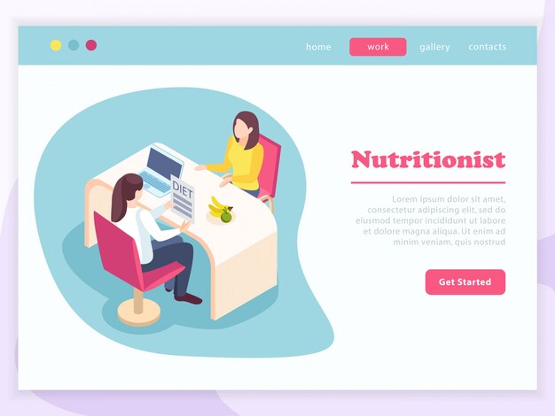 Women health isometric website page with women characters on nutritional consultation with get started button and text