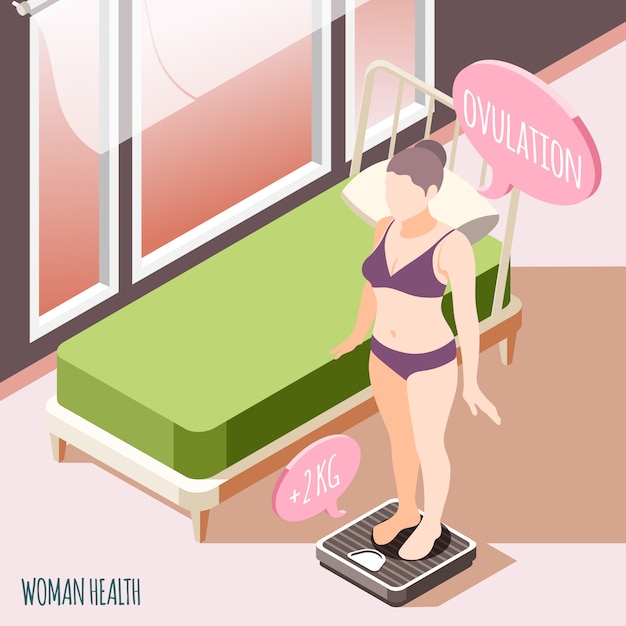 Women health isometric with young pregnant woman standing on floor scales and checking her weight vector illustration