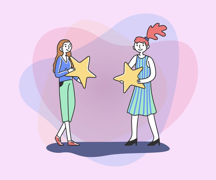 Free Vector women holding review stars flat vector illustration