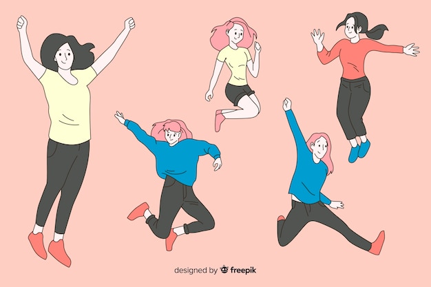 Женщины прыгают в корейском стиле рисования