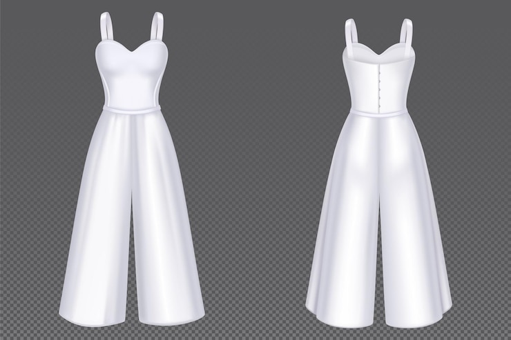 Free Vector women jumpsuit with corset and pants in front and back view. vector 3d mockup of blank white girls overalls with sweetheart neckline. realistic female clothes, summer garment