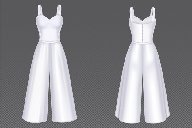 Women jumpsuit with corset and pants in front and back view. Vector 3d mockup of blank white girls overalls with sweetheart neckline. Realistic female clothes, summer garment