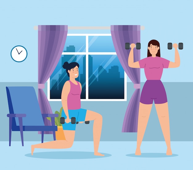 Free vector women lifting weights in the house vector illustration design