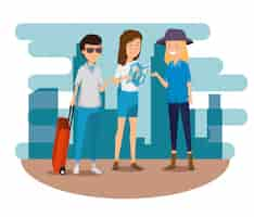 Free vector women and man with suitcase and global map