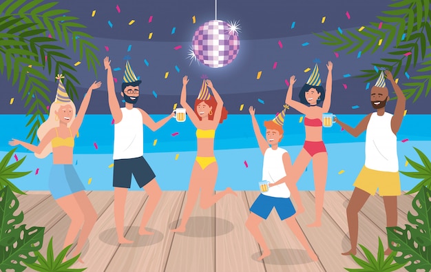 Free vector women and men dancing with hat and confetti decoration