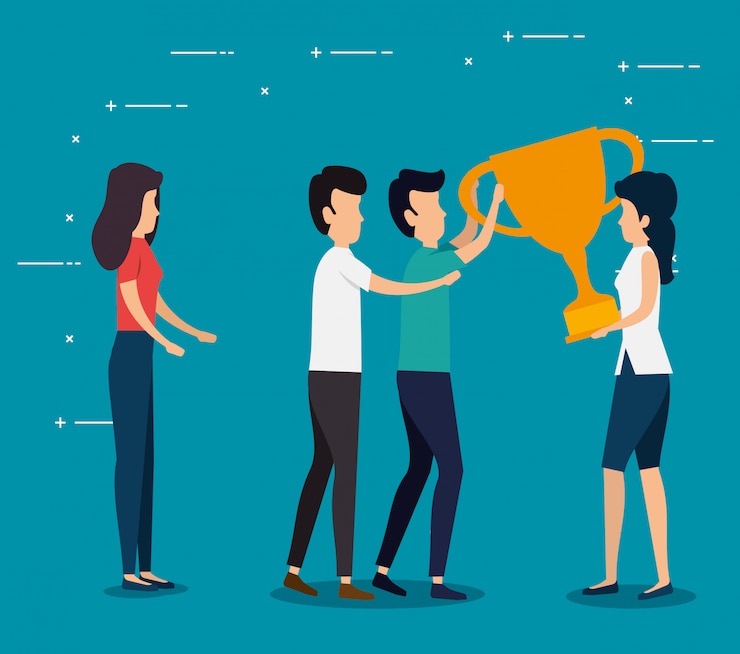 Free Vector women and men teamwork with cup prize