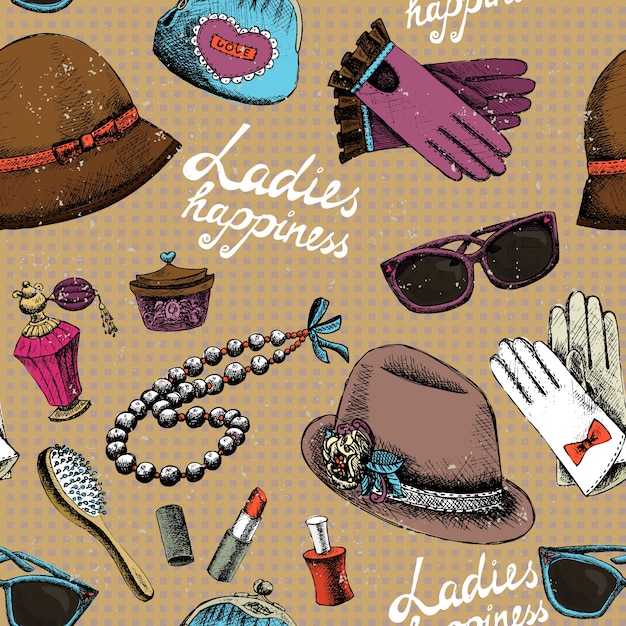無料ベクター 手袋の帽子の香水と他のアクセサリーと女性のパターン