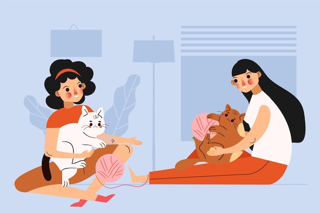 Free vector women playing together with their cats