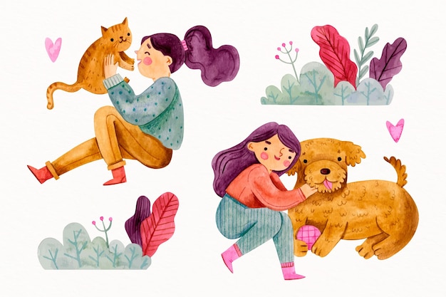 Free vector women playing with their adorable pets
