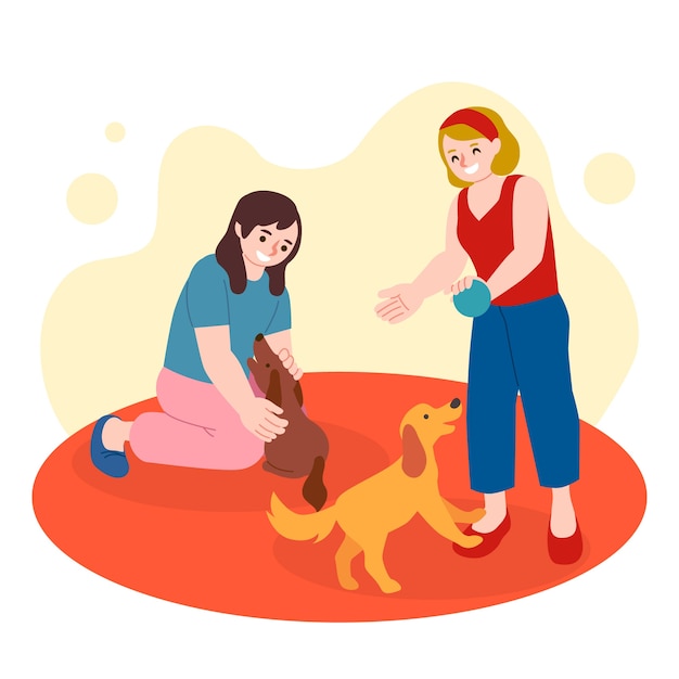 Free vector women playing with their dogs