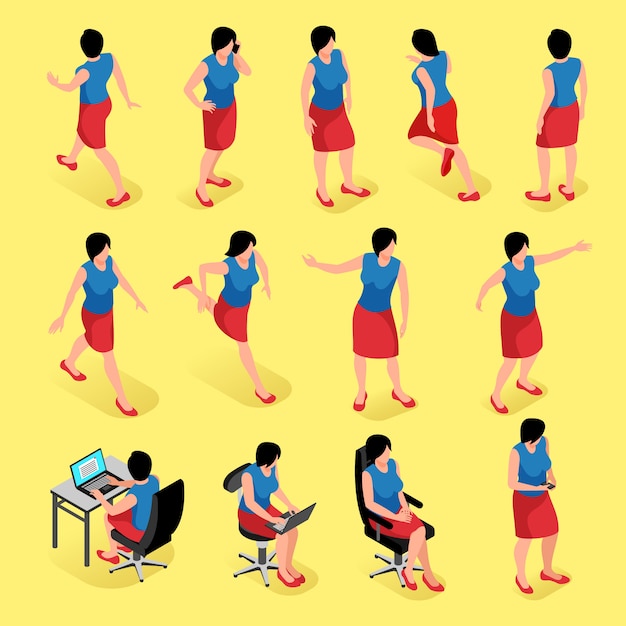 Free vector women poses isometric set of female characters in different position of figure sitting staying going