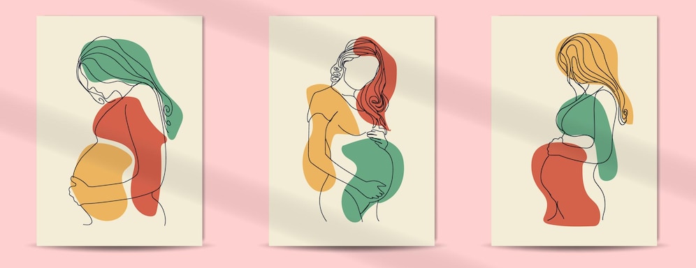  Women pregnant line art style boho poster for mother day and women day Premium Vector