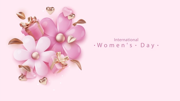 3월 8일 banne 봄 분홍색 꽃의 현실적인 구성이 있는 여성의 날 인사말 카드