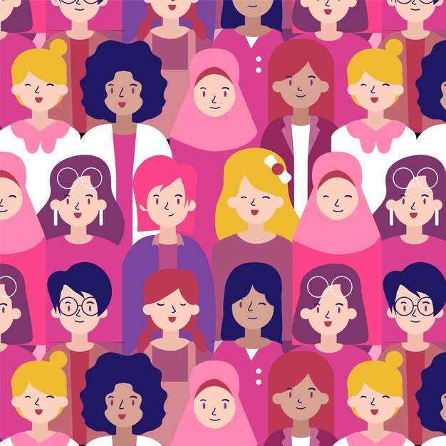 Women's day pattern with diverse women faces