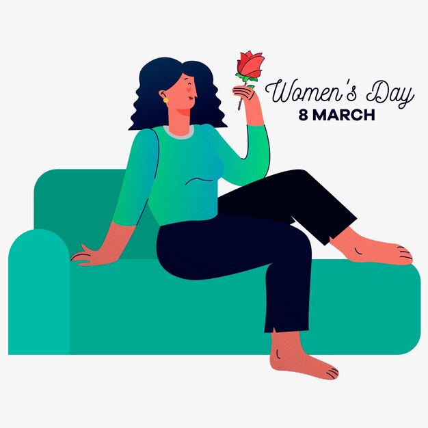 Женский день с женщиной на диване держит розу