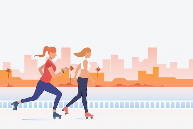 Free vector women skating with distant buildings in background