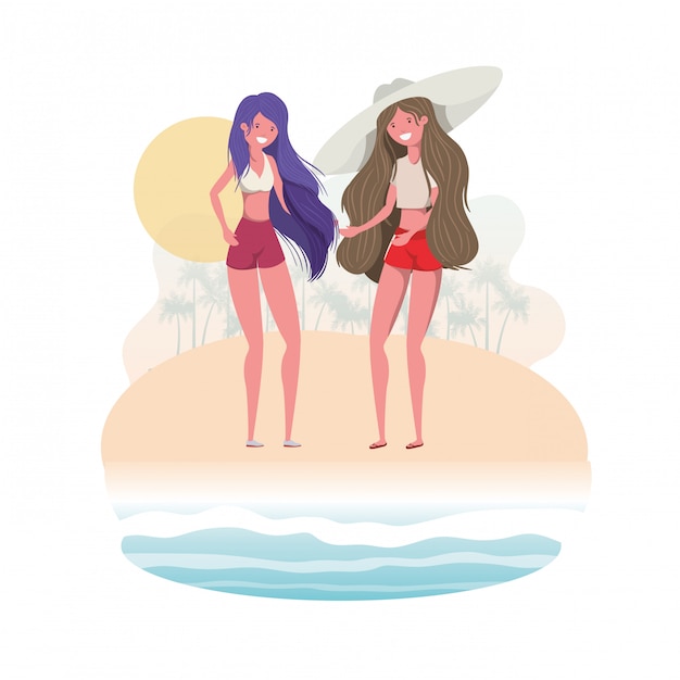 Vettore gratuito donne in piedi con il costume da bagno in spiaggia