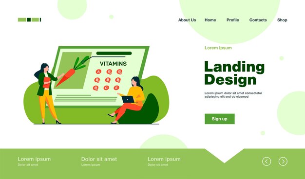 Women studying vitamins in organic food. Landing page in flat style.