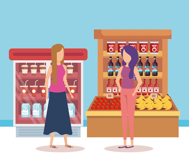 製品とスーパーマーケットの棚の女性